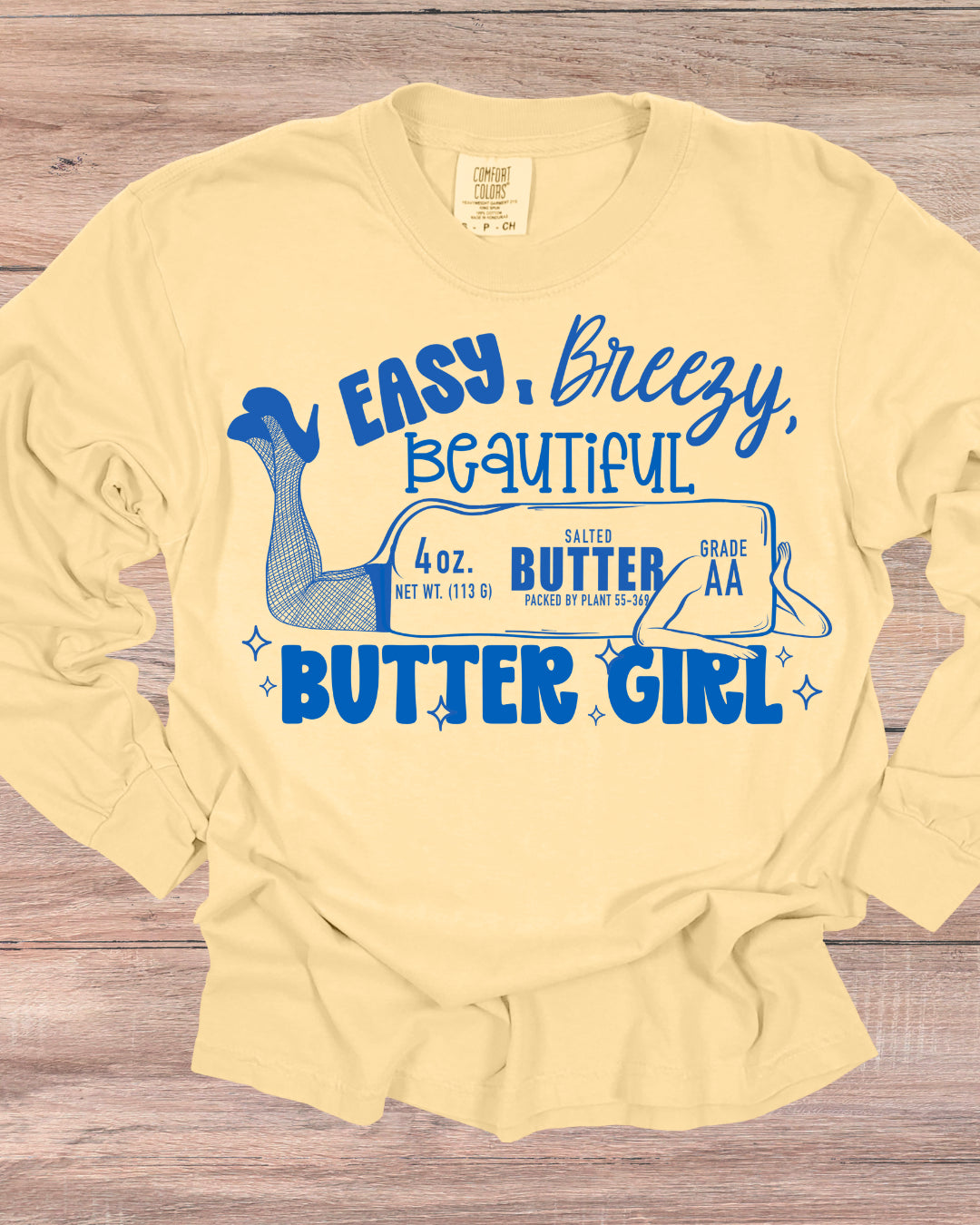 Easy Breezy Butter Girl – funny graphic tee from The Sassy Saddle, made in Kansas