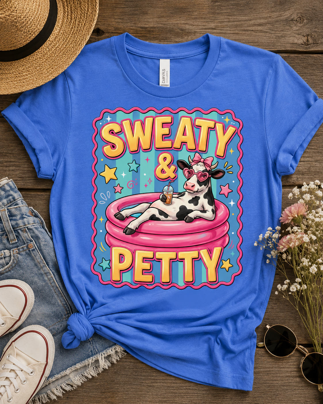Sweaty and Petty pool cow with sunglasses and iced coffee funny graphic tee - The Sassy Saddle