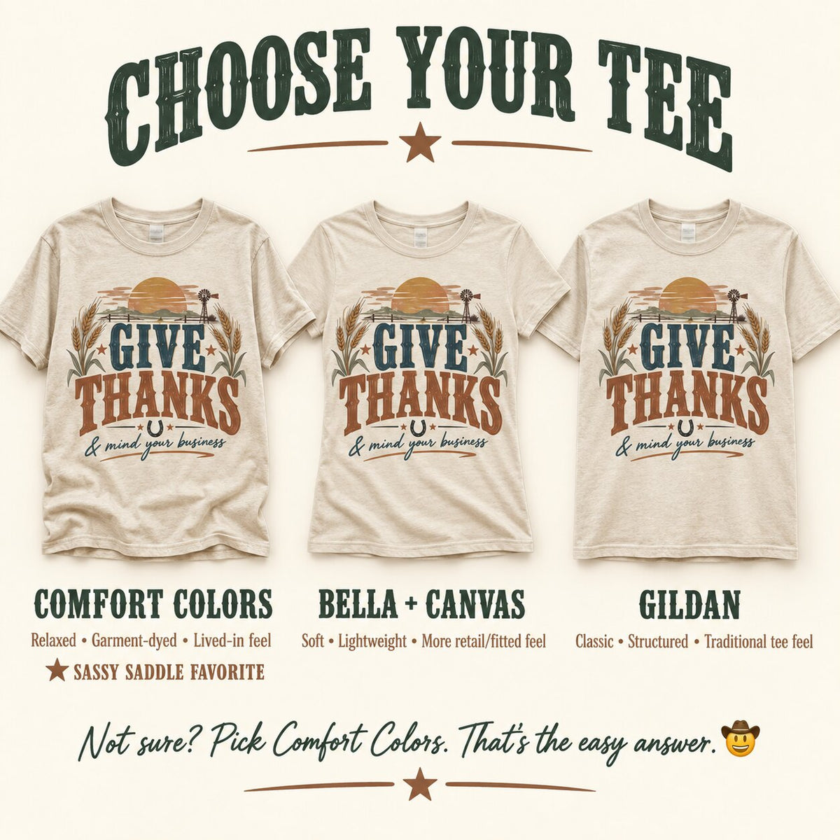 Choose your tee guide comparing the Give Thanks design on Comfort Colors, Bella + Canvas and Gildan tees