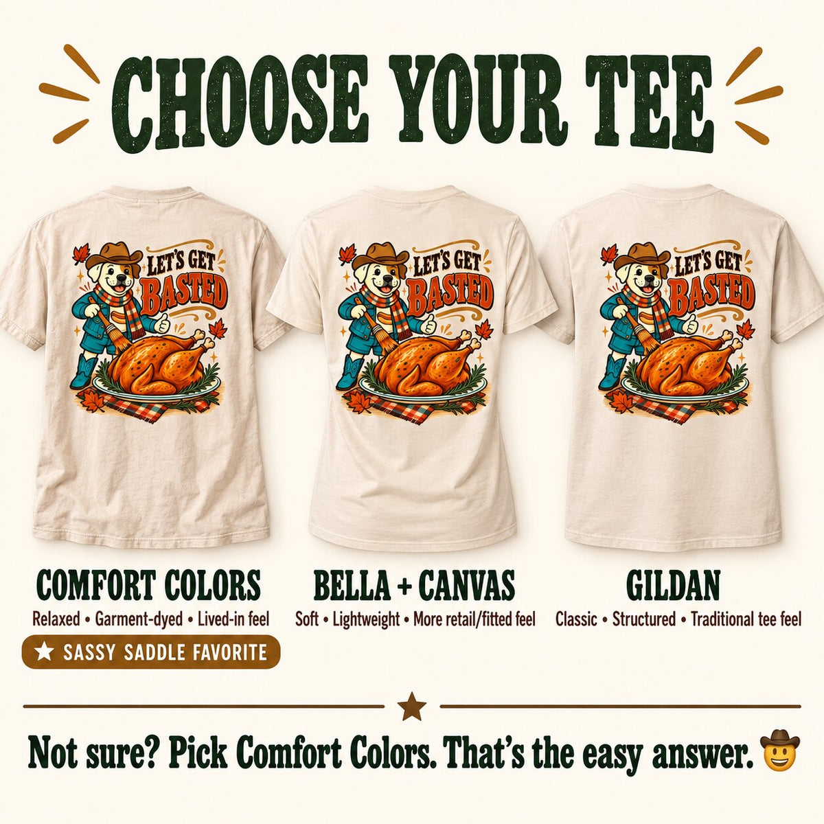 Alternate choose your tee guide comparing the Let's Get Basted tee in three brands with a Pick Comfort Colors tip