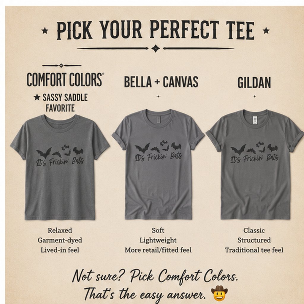 Shirt choice and fit guide comparing the "It's Frickin' Bats" design on Comfort Colors, Bella + Canvas, and Gildan t-shirts side by side, each with fit descriptions.