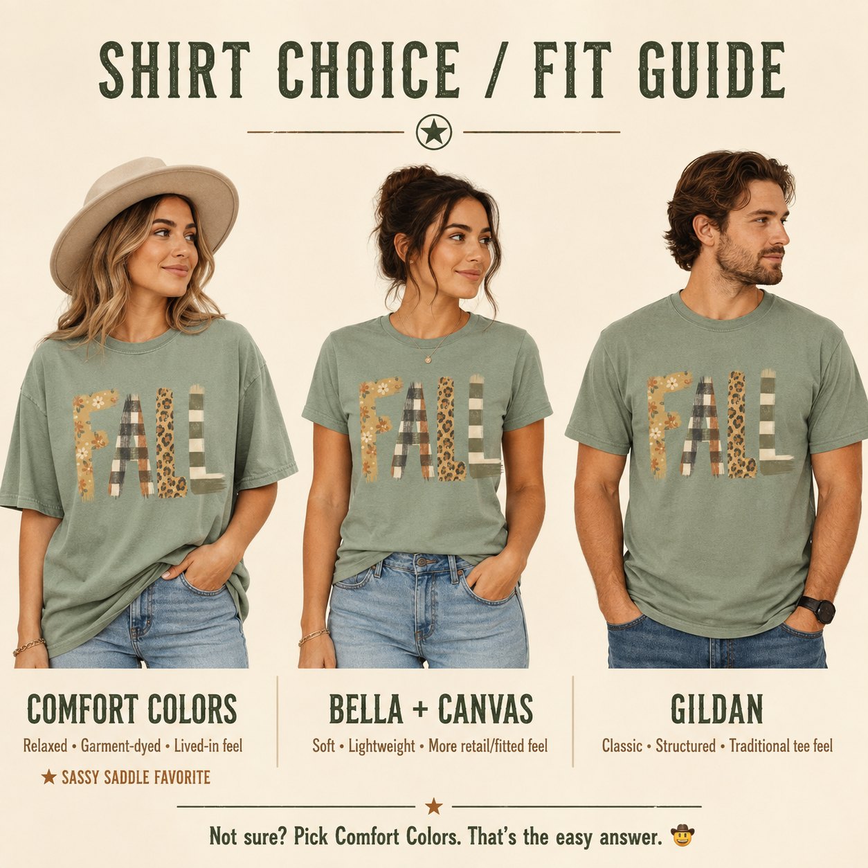 Shirt choice and fit guide showing three models wearing the patchwork "FALL" t-shirt in Comfort Colors, Bella + Canvas, and Gildan fits.