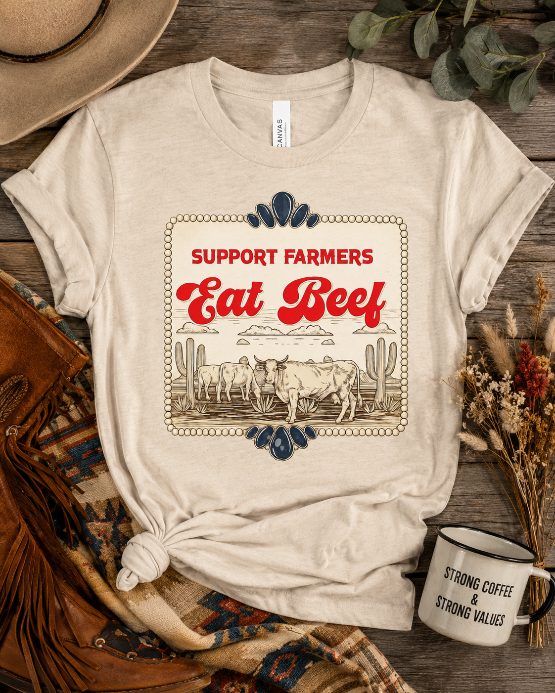 Support Farmers Eat Beef vintage western cattle label graphic tee - The Sassy Saddle