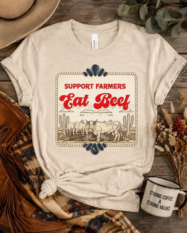 Support Farmers Eat Beef vintage western cattle label graphic tee - The Sassy Saddle