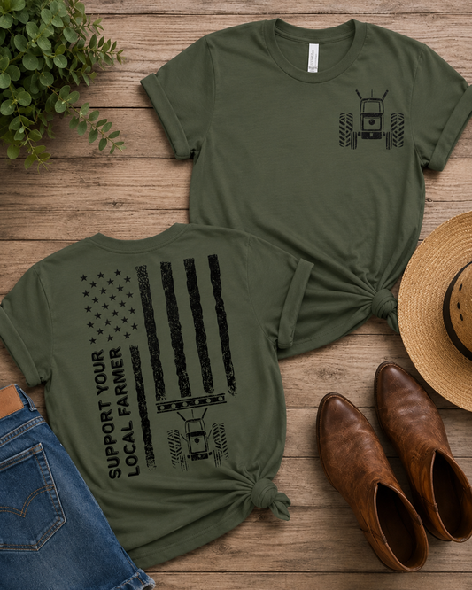 Support Your Local Farmer American flag and tractor front and back graphic tee - The Sassy Saddle