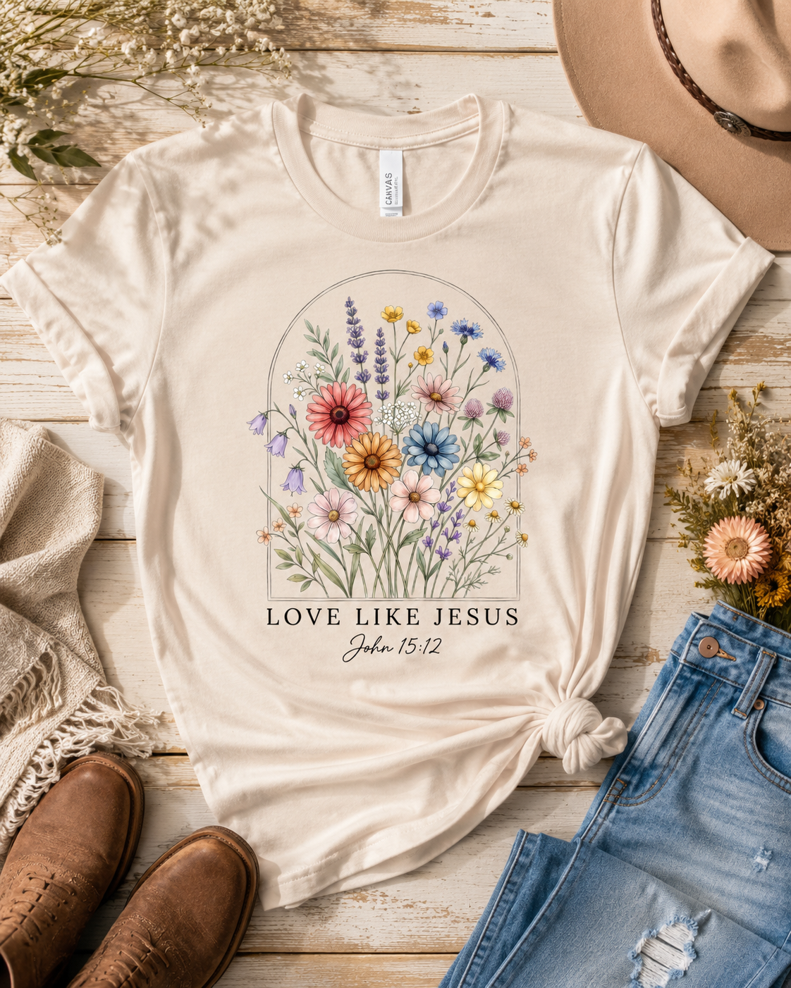 Love Like Jesus John 15:12 wildflower arch graphic tee - The Sassy Saddle