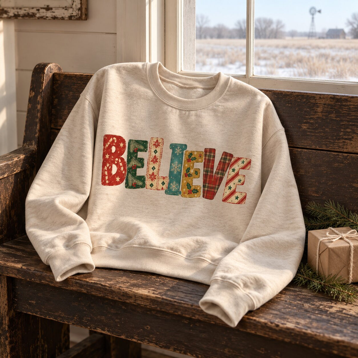 BELIEVE Christmas sweatshirt folded on a rustic wooden bench by a frosty window beside a wrapped gift