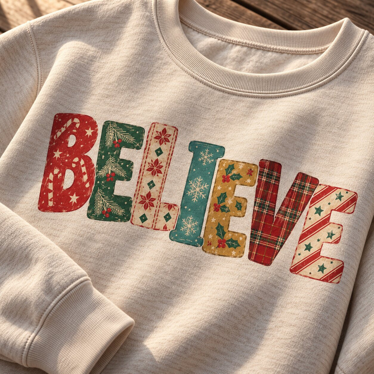 Close-up of the BELIEVE lettering filled with red plaid, candy cane stripes, snowflakes and vintage holiday florals