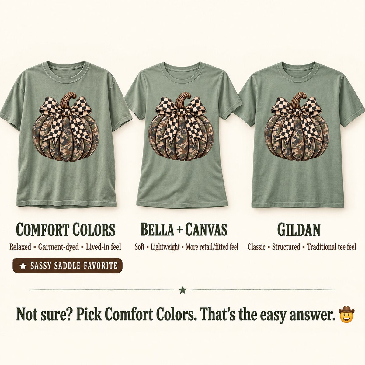 Choose your tee guide comparing the camo pumpkin bow design on Comfort Colors, Bella + Canvas and Gildan tees