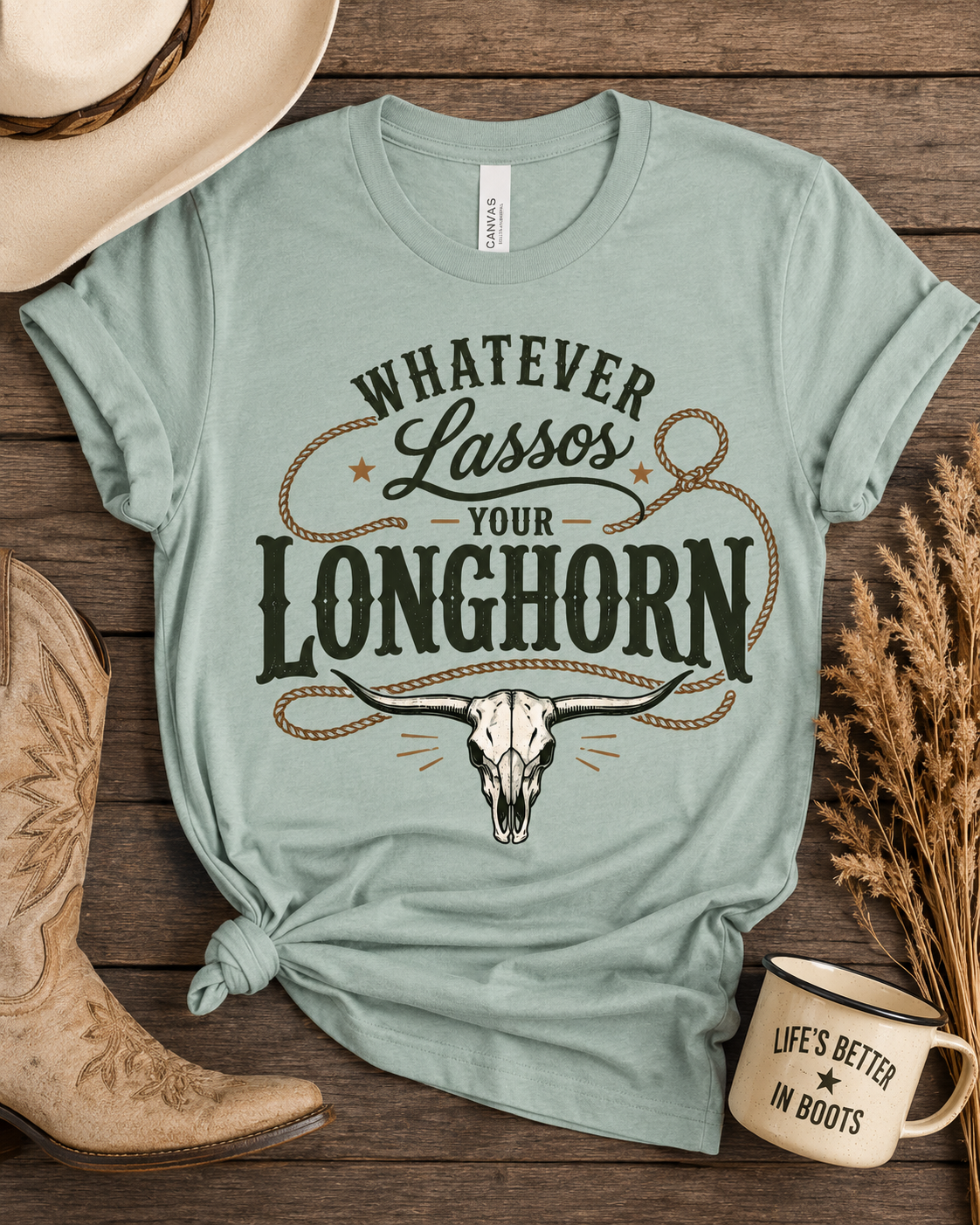 Whatever Lassos Your Longhorn western longhorn skull graphic tee - The Sassy Saddle