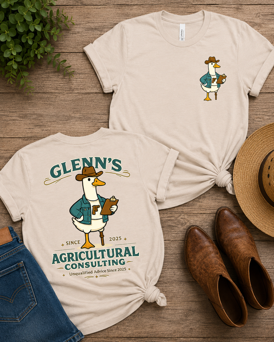 Glenn's Agricultural Consulting goose mascot front and back funny graphic tee - The Sassy Saddle