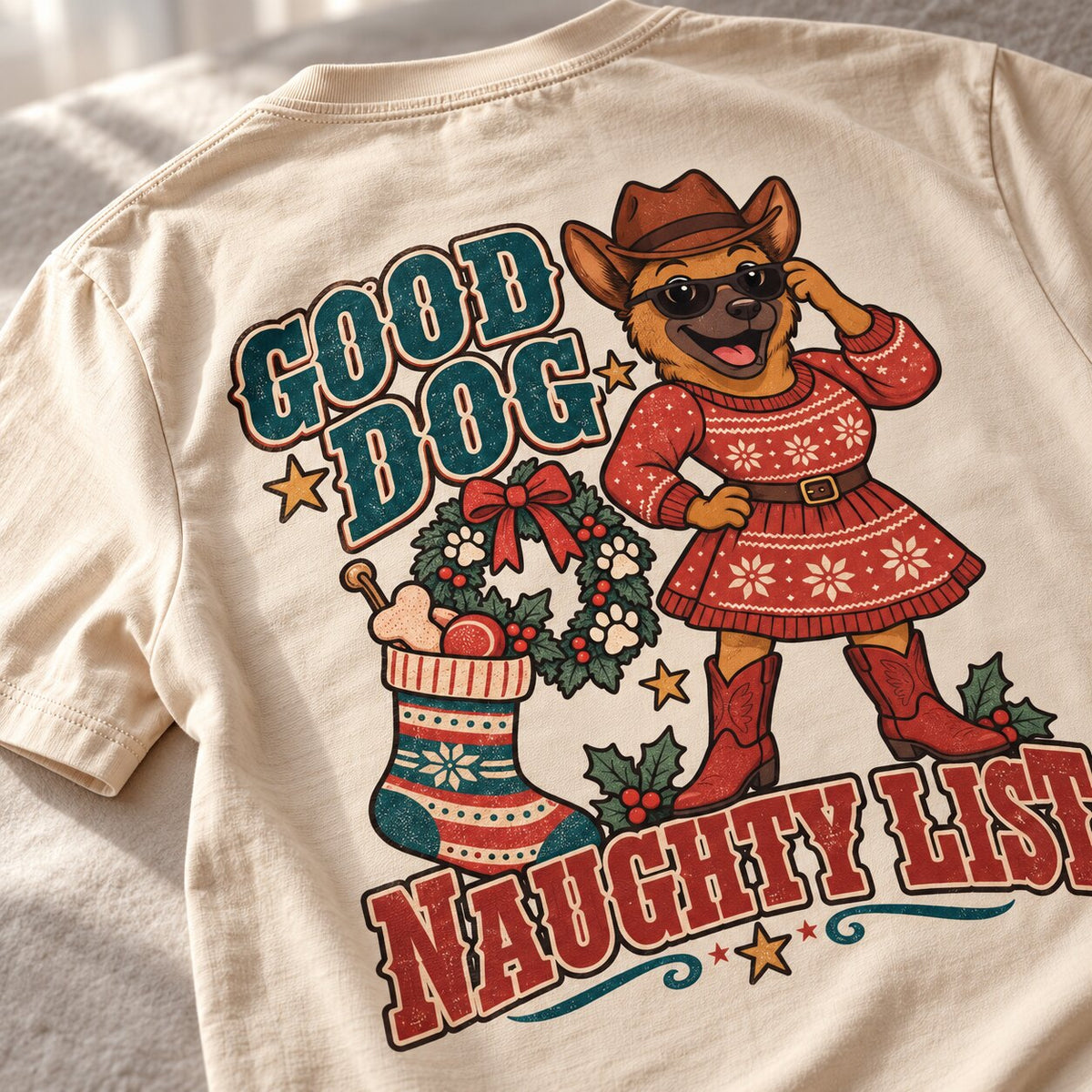 Close-up of the Good Dog Naughty List graphic: a sassy dog in sunglasses, cowboy hat and red holiday dress with a stocking and wreath