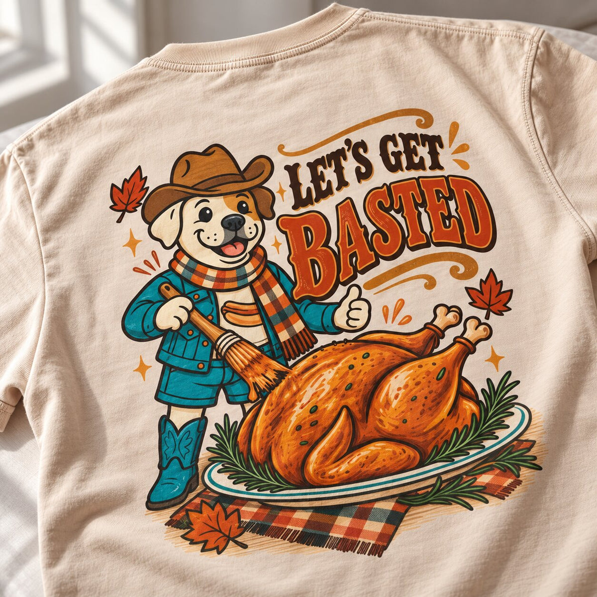 Close-up of the Let's Get Basted back graphic: a Western yellow lab in a cowboy hat and plaid scarf basting a roasted turkey