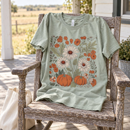 Pumpkin wildflower tee draped on a rustic porch rocking chair overlooking a sunny field