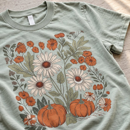 Close-up of the botanical graphic with orange pumpkins, oversized daisies, wildflowers and muted greenery