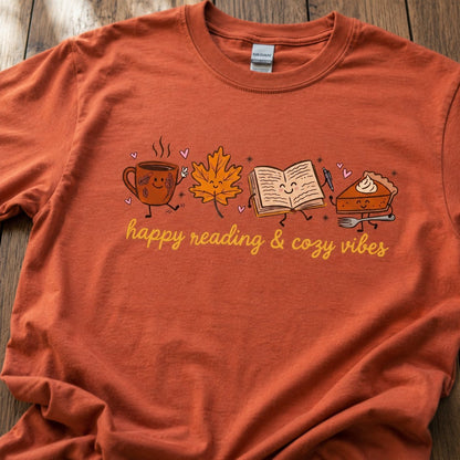 Close-up of the coffee mug, maple leaf, book, and pumpkin pie characters with the "happy reading & cozy vibes" text on burnt orange cotton fabric.