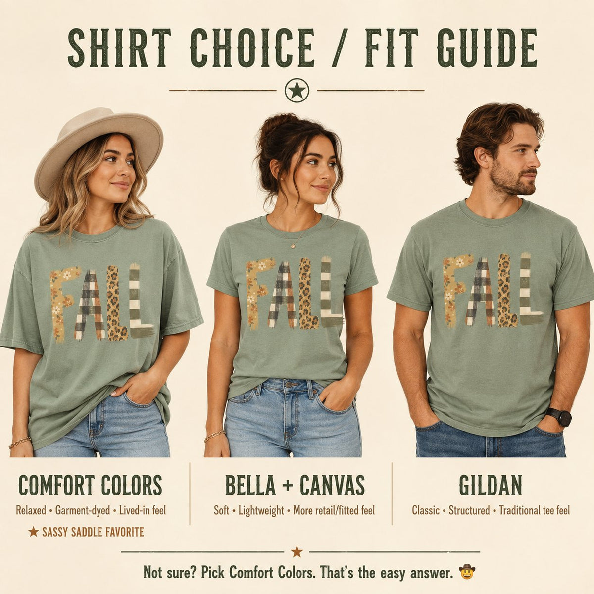 Shirt choice and fit guide showing three models wearing the patchwork "FALL" t-shirt in Comfort Colors, Bella + Canvas, and Gildan fits.