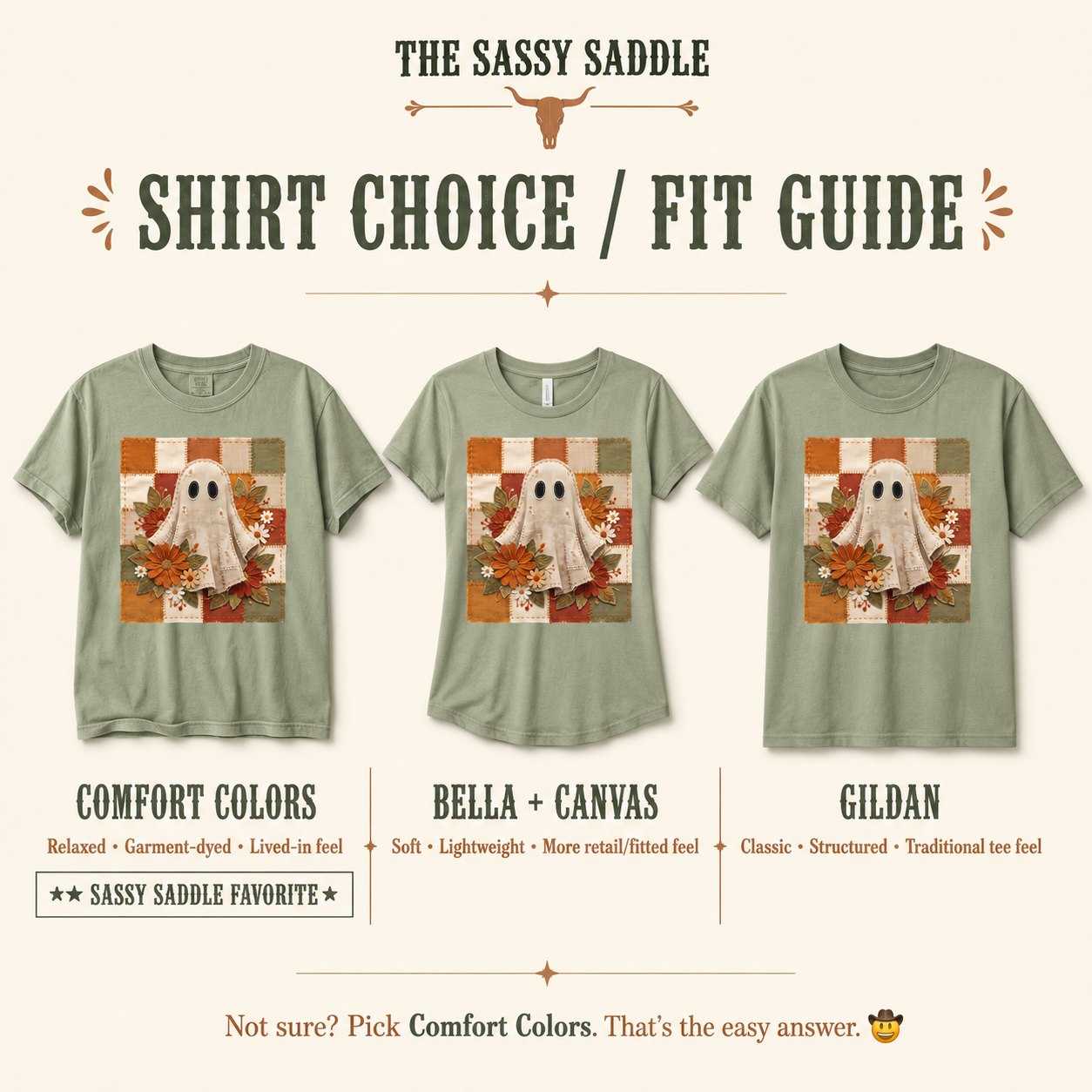 Shirt choice and fit guide comparing the patchwork ghost floral design on Comfort Colors, Bella + Canvas, and Gildan t-shirts side by side, each with fit descriptions.