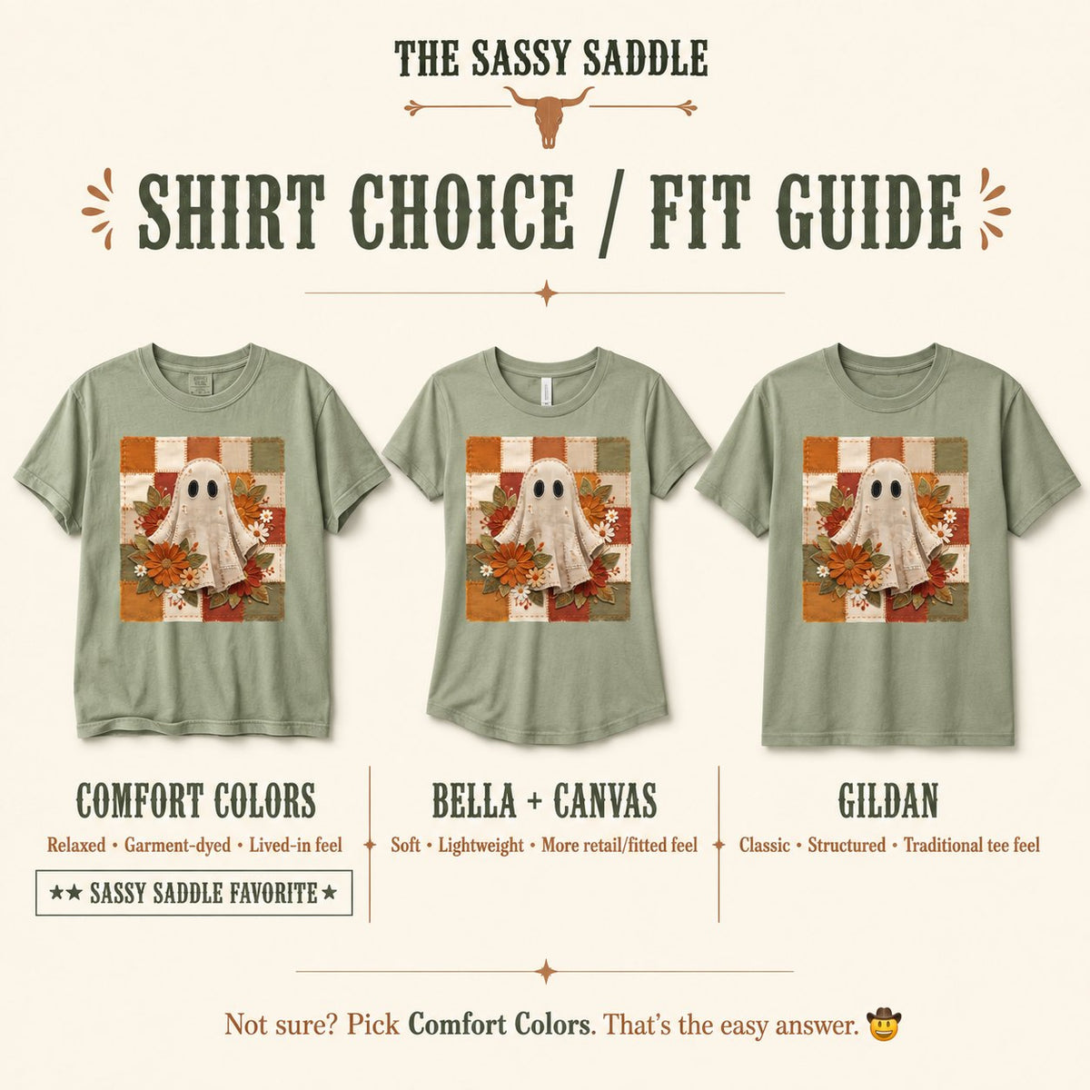 Shirt choice and fit guide comparing the patchwork ghost floral design on Comfort Colors, Bella + Canvas, and Gildan t-shirts side by side, each with fit descriptions.