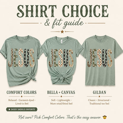Shirt choice and fit guide comparing the patchwork "JESUS" design on Comfort Colors, Bella + Canvas, and Gildan t-shirts side by side, each with fit descriptions.