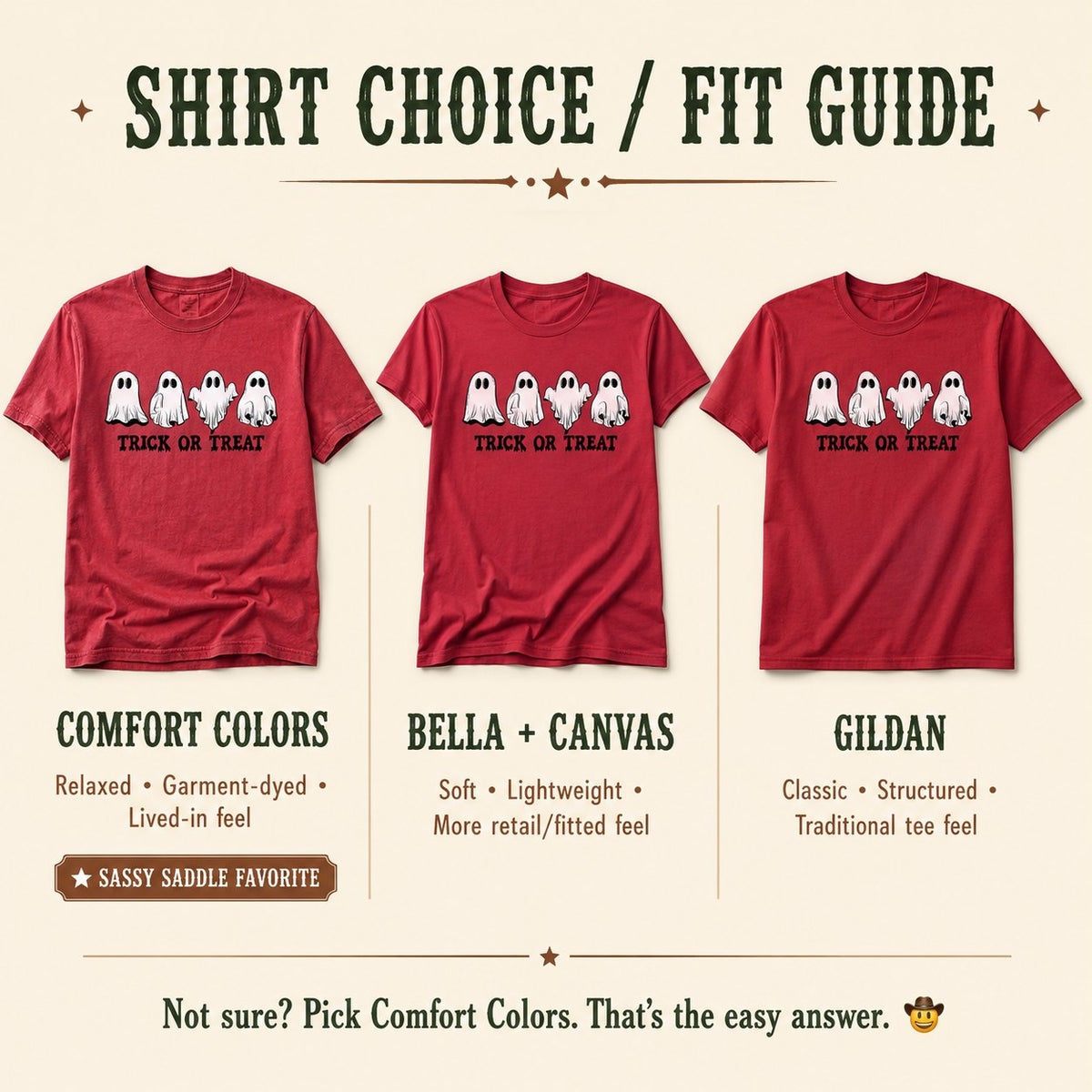 Shirt choice and fit guide comparing the "Trick or Treat" ghost trio design on Comfort Colors, Bella + Canvas, and Gildan t-shirts side by side, each with fit descriptions.