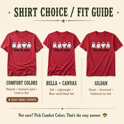 Shirt choice and fit guide comparing the "Trick or Treat" ghost trio design on Comfort Colors, Bella + Canvas, and Gildan t-shirts side by side, each with fit descriptions.