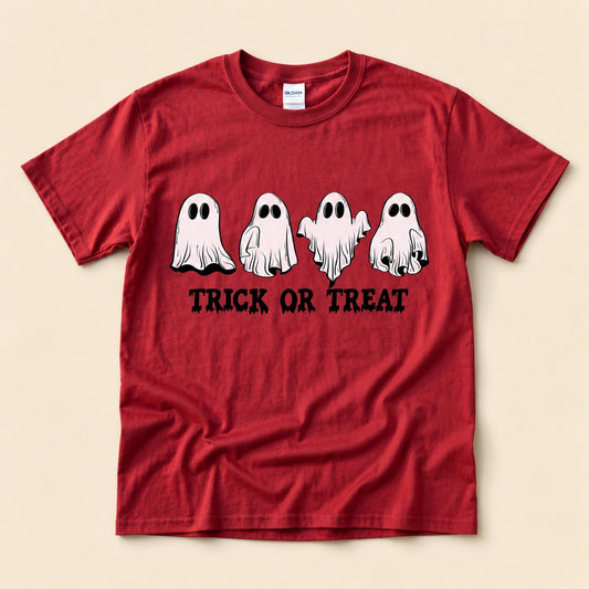 Red t-shirt flat lay on a cream background printed with four hand-drawn ghosts in different poses above dripping "TRICK OR TREAT" lettering.