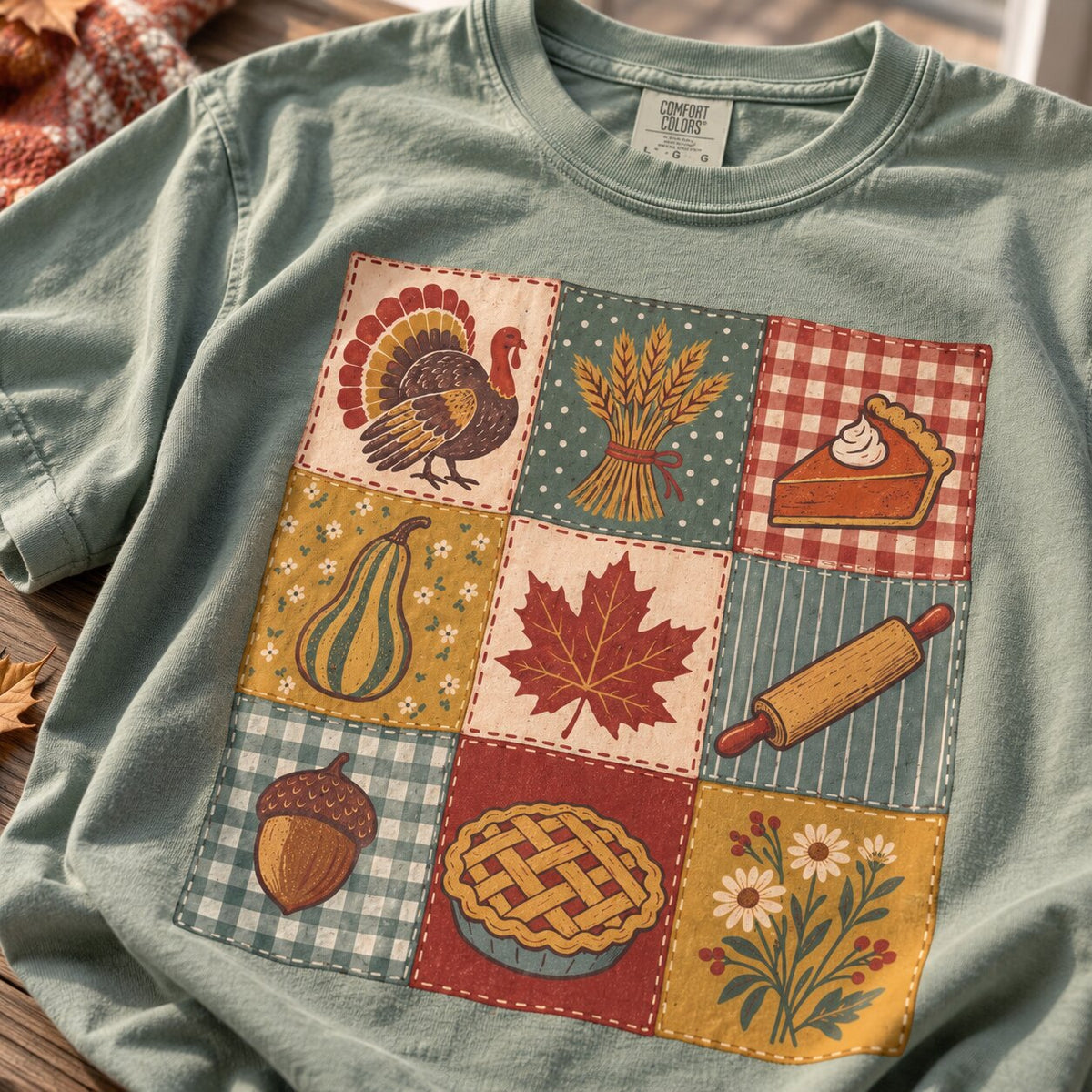 Close-up of the Thanksgiving patchwork graphic with turkey, wheat bundle, pie slice, maple leaf, rolling pin, acorn and wildflower patches