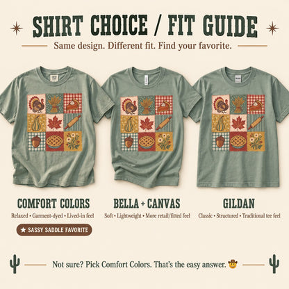 Shirt choice and fit guide comparing the Thanksgiving patchwork design on Comfort Colors, Bella + Canvas and Gildan tees side by side
