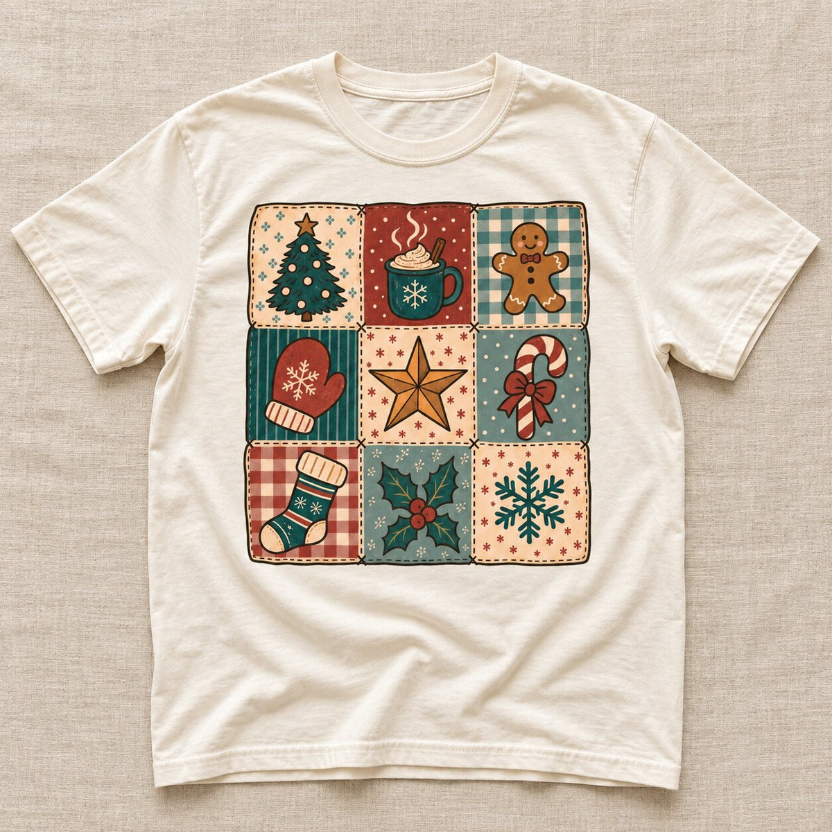 Cream tee laid flat with a Christmas patchwork graphic of a tree, cocoa mug, gingerbread, mitten, star, candy cane, stocking, holly and snowflake