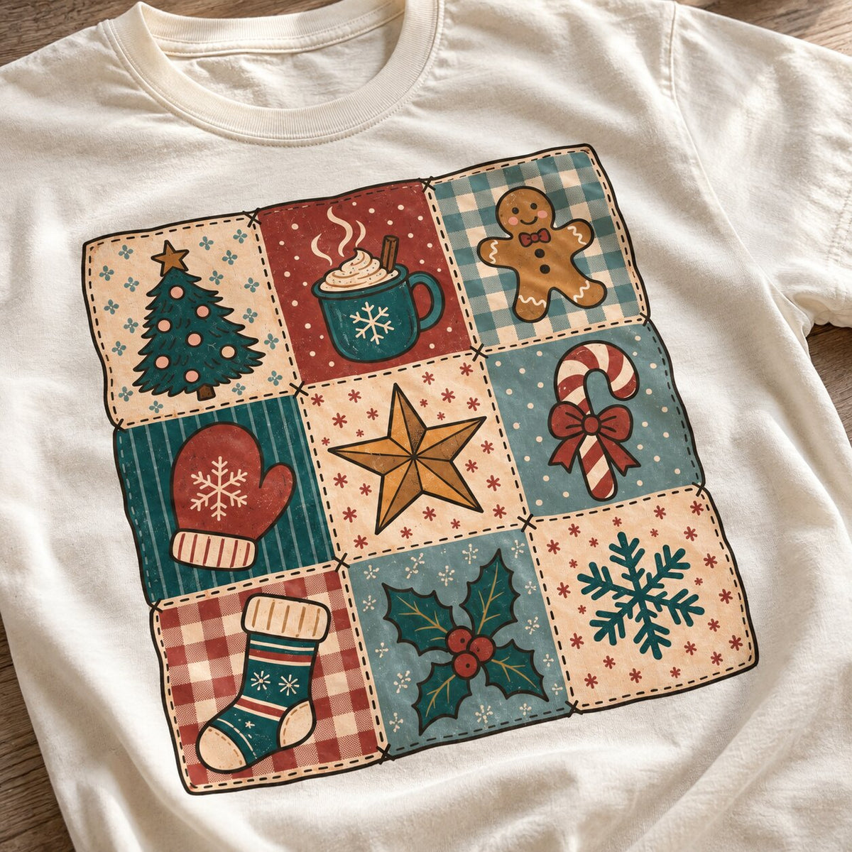 Close-up of the Christmas patchwork graphic with tree, cocoa, gingerbread, candy cane, stocking, holly and snowflake squares