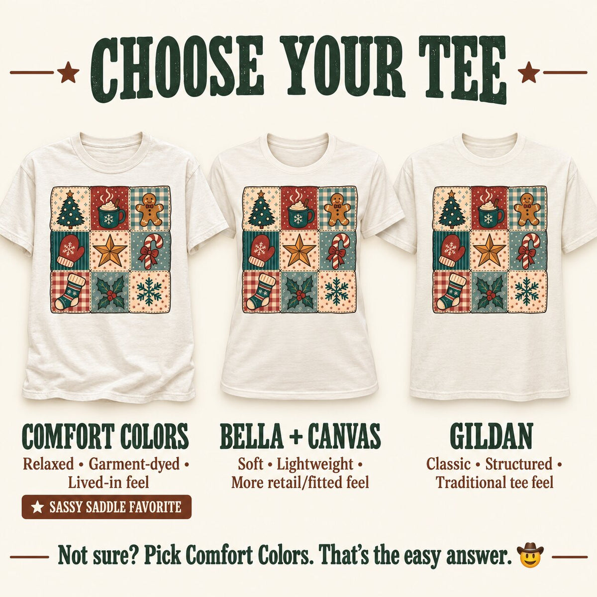 Choose your tee guide comparing the vintage Christmas patchwork design on Comfort Colors, Bella + Canvas and Gildan tees