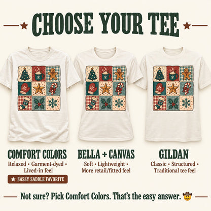 Choose your tee guide comparing the vintage Christmas patchwork design on Comfort Colors, Bella + Canvas and Gildan tees